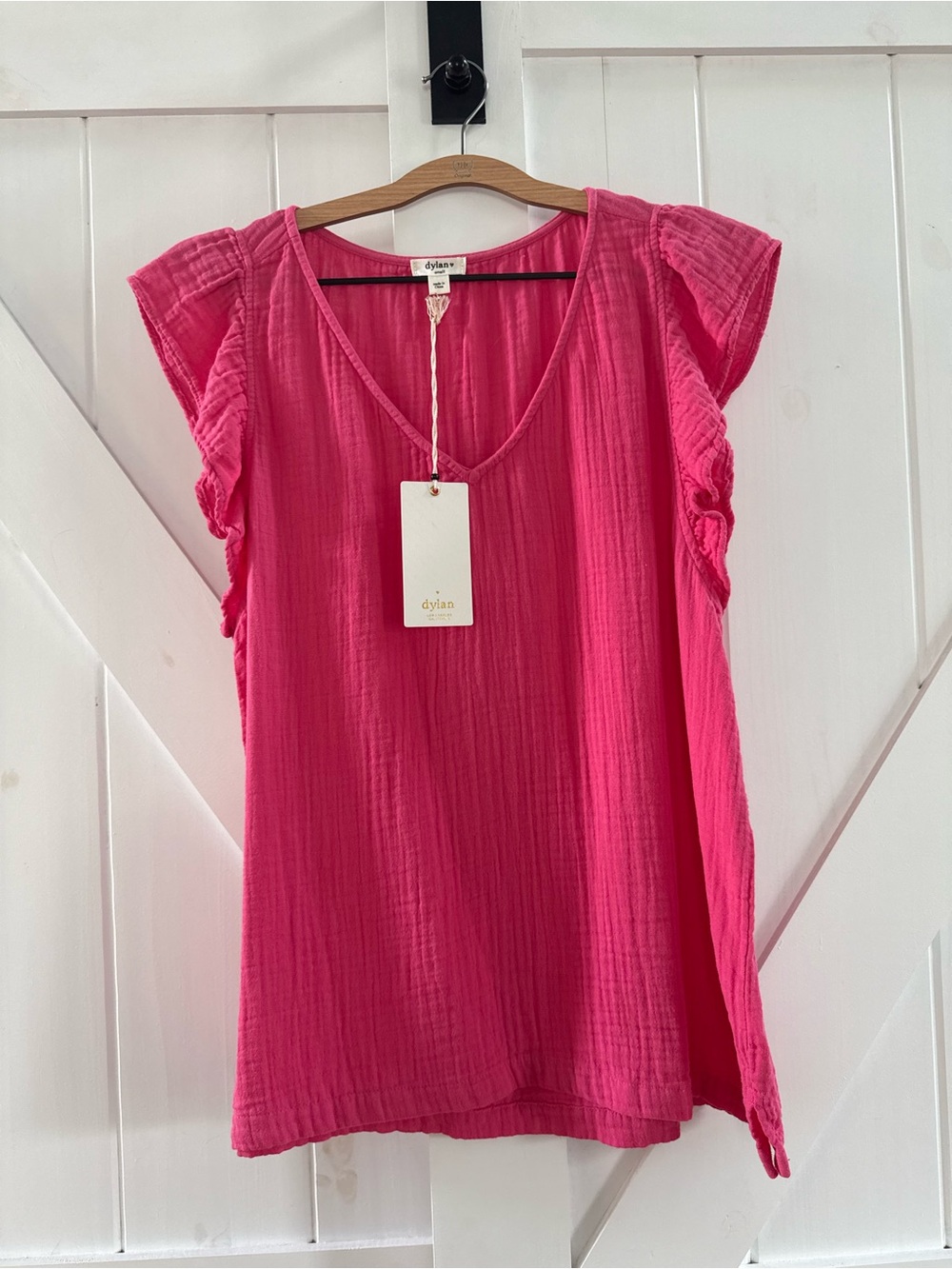 Dylan Gauze Ruffle V-Neck Short Sleeve Top in Raspberry